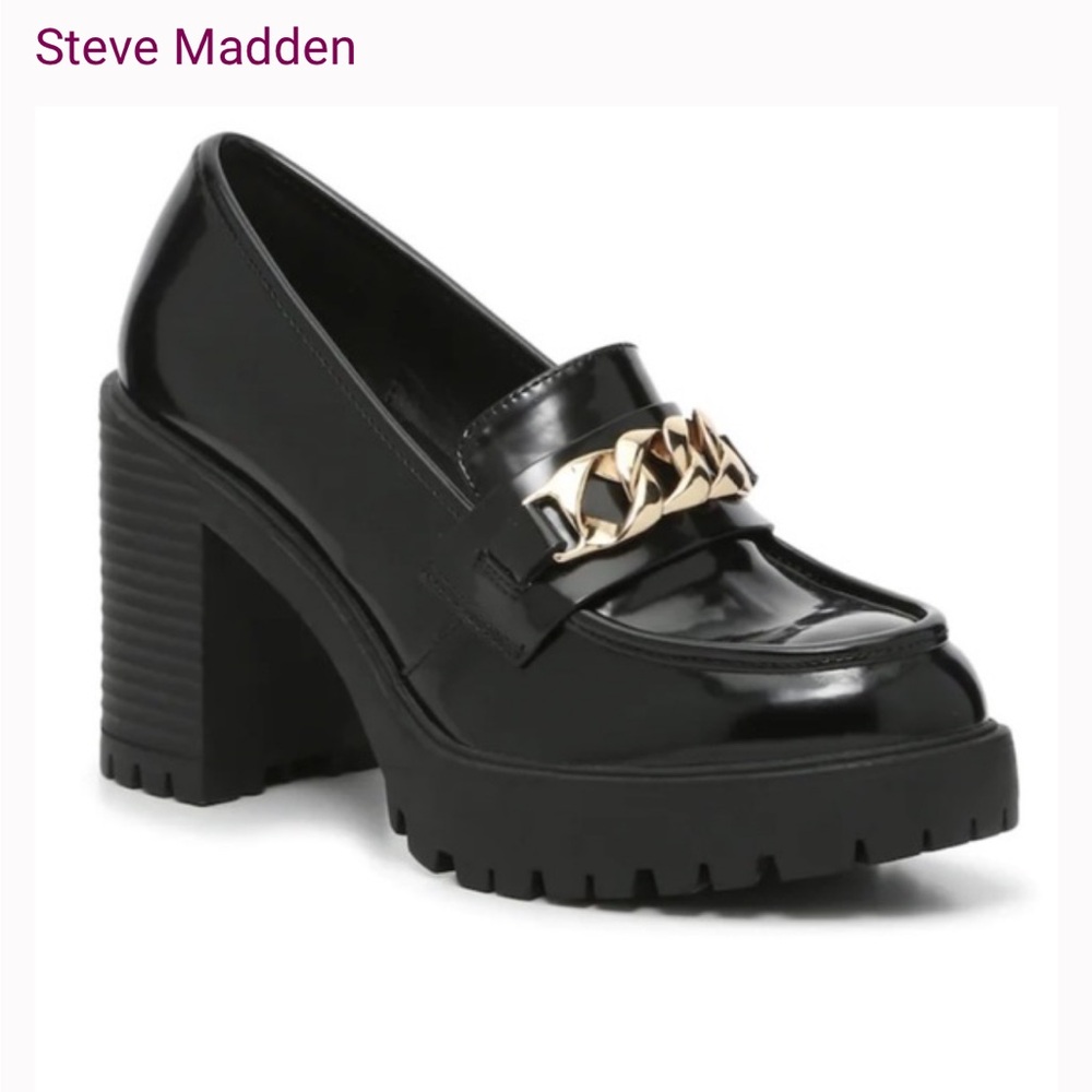 Steve Madden Black Loafers with Gold Chain